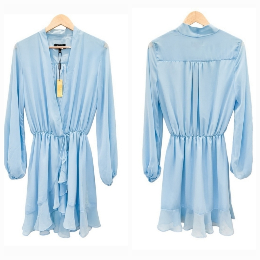 Alexia Admor KATHLYN Blouson Ruffle Mini Skirt Dress Faux Wrap Sheer Sleeve NEW